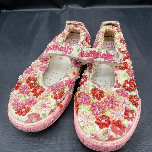 Lelli Kelly Shoes Canva Mary Jane Girl Size US 12 Pink Floral Beaded Walk Summer - Picture 2 of 6